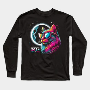 Galactic Gaze: Feline Witness to the 2024 Eclipse Long Sleeve T-Shirt